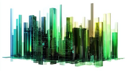 Obraz premium A futuristic bar chart, AI business analytics, circuit design overlay, metallic and green hues, isolated on white background