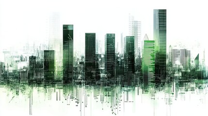 Obraz premium A futuristic bar chart, AI business analytics, circuit design overlay, metallic and green hues, isolated on white background