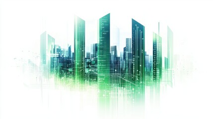 A futuristic bar chart, AI business analytics, circuit design overlay, metallic and green hues, isolated on white background