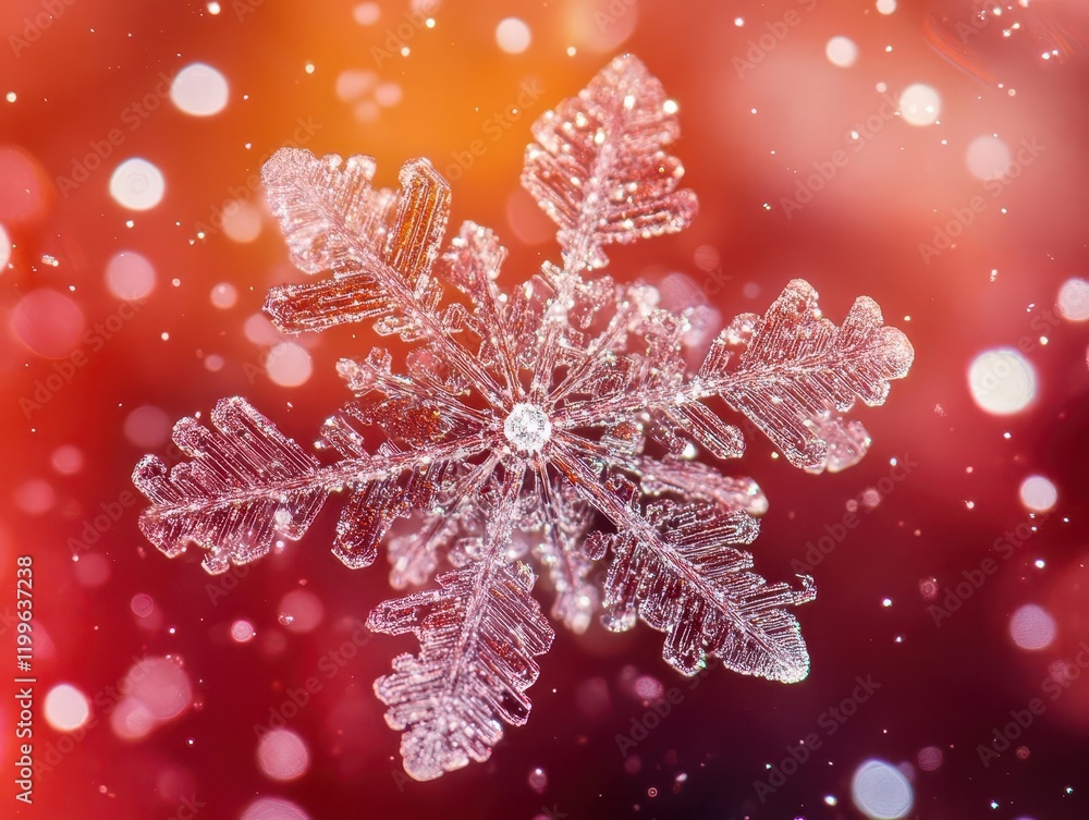 Poster crystal-like snowflakes floating on deep red gradient background with bokeh lights and festive spark