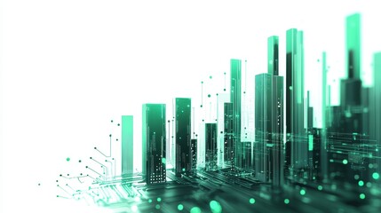 Fototapeta premium A futuristic bar chart, AI business analytics, circuit design overlay, metallic and green hues, isolated on white background