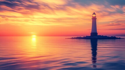 Illuminated Lighthouse on a Rocky Outcrop at Sunset