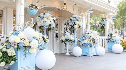 Fototapeta premium Elegant Flower Shop Entrance Decor Hydrangeas Balloons and Blue Accents