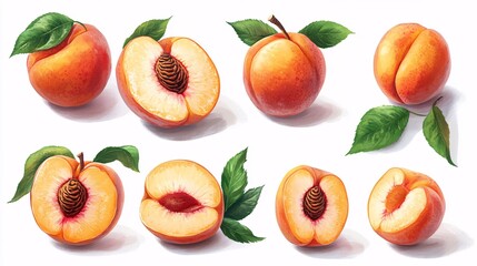 Naklejka premium Realistic peach illustration set, including whole, halved, sliced peaches, and leaves, showcasing a variety of poses and details.