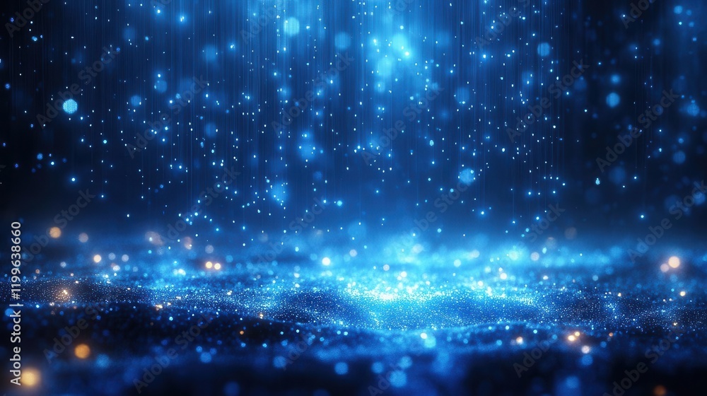 Poster a shimmering blue abstract background filled with glowing particles, evoking a sense of depth and tr