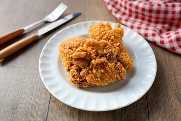 Fried chicken with knife and fork in a white plate on wooden background, top view