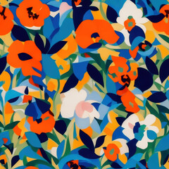 Floral seamless pattern. An abstract floral pattern featuring bold, bright colors and organic shapes. The design is a mix of bright red, orange, blue, yellow, and white