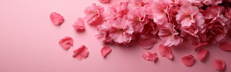 Obraz premium A flat lay of cherry blossoms on a pink background, symbolizing spring, beauty, and celebrations. Ideal for greeting cards, weddings, and feminine designs.