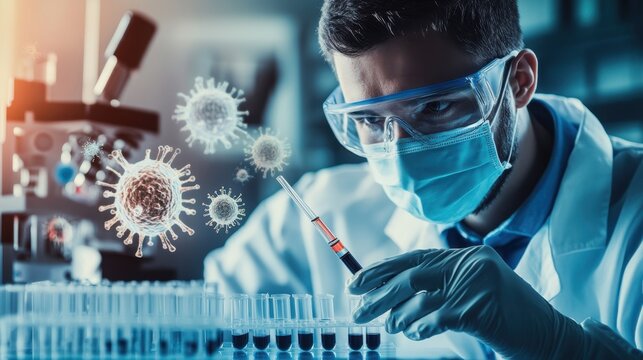 A researcher wearing gloves and a mask conducting a cell viability assay, pipettes and microplates arranged on the lab bench