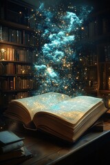 Magical book glows in old library.