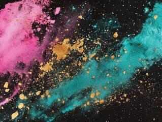 dynamic explosion of vibrant powder clouds in mid-air, featuring rich turquoise, magenta, and gold particles against deep black background