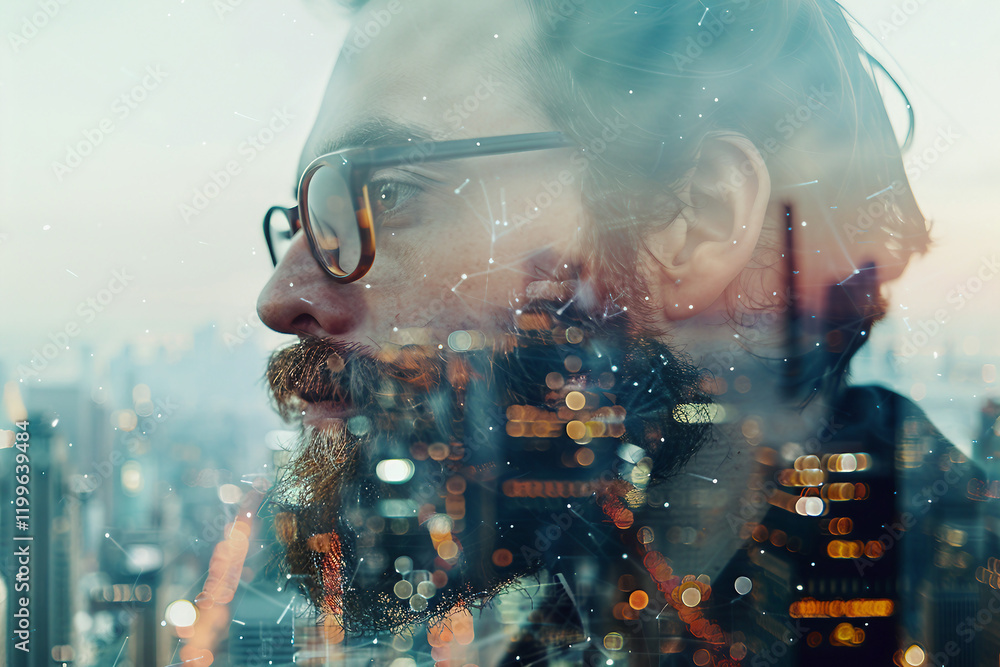 Poster generative ai double exposure picture showing a silhouette of a worker against a backdrop of city li