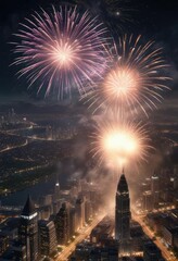 Naklejka premium Aerial view of fireworks exploding in the night sky with a cityscape in the background, fireworks, explosions