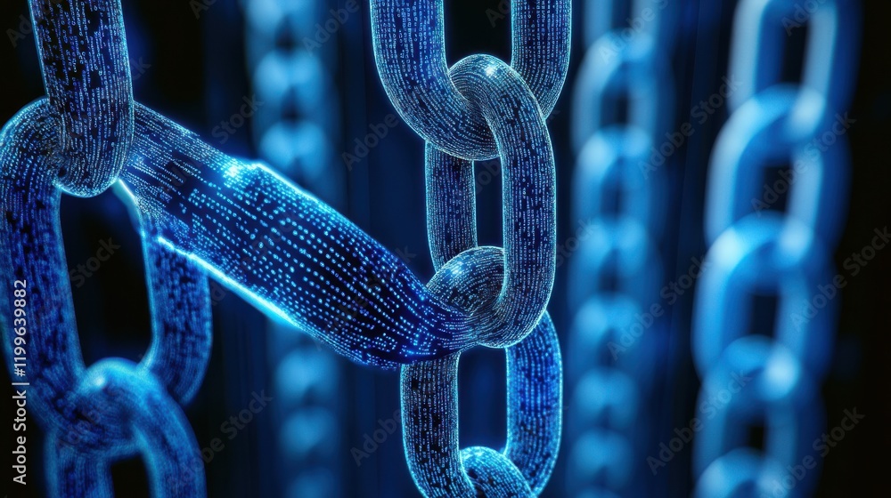 Poster close-up of glowing digital chains symbolizing connectivity and security in a futuristic setting