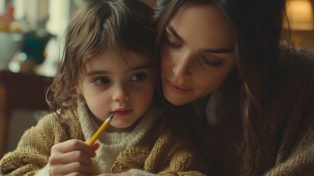 Closeup of a caring mother patiently showing her young child how to properly hold a pencil in a cozy intimate home environment capturing the nurturing bond and guidance between parent and child