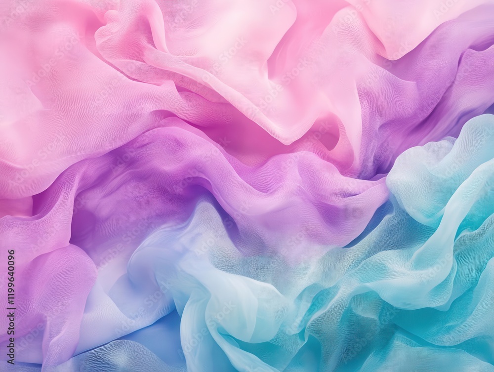 Poster ethereal abstract background with flowing ribbons of pastel pink and lavender merging into soft teal