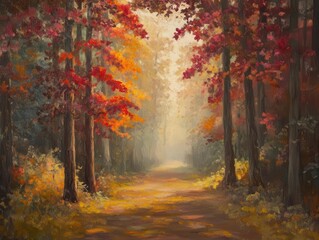 Fototapeta premium enchanted forest path lined with towering maples, sunlight filtering through crimson and amber leaves, misty morning atmosphere