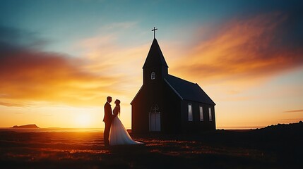 Icelandic Black Church at Sunset with Bride and Groom in a Beautiful Romantic Setting