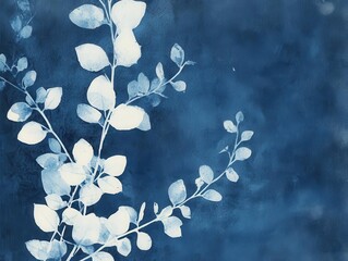 ethereal botanical cyanotype print featuring delicate flower petals, deep prussian blue tones on textured paper