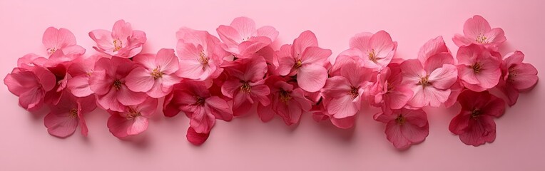 Fototapeta premium A flat lay of cherry blossoms on a pink background, symbolizing spring, beauty, and celebrations. Ideal for greeting cards, weddings, and feminine designs.