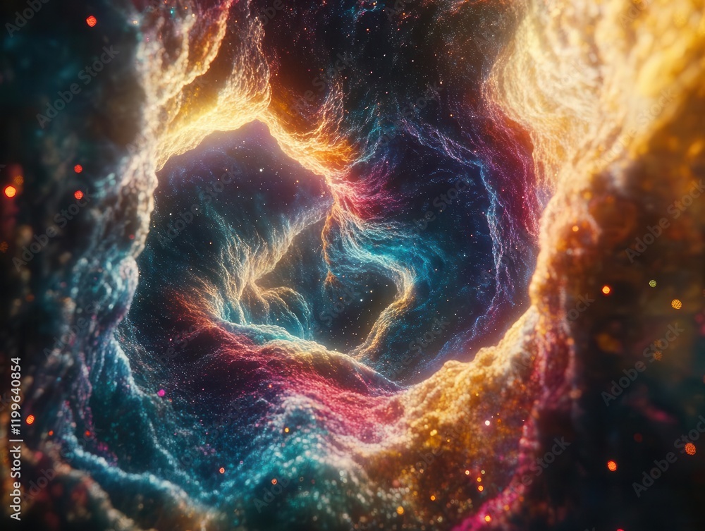 Poster ethereal cosmic nebula swirling with iridescent colors, featuring intricate fractal patterns and glo