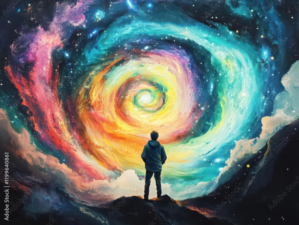 Wall mural ethereal cosmic dreamscape with swirling aurora borealis colors, featuring spiral galaxies and shimm