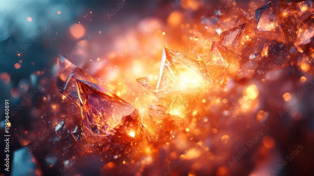 Poster a vibrant explosion of light and color with crystal-like structures, creating an abstract and mesmer