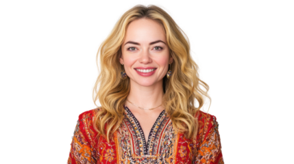 A cheerful young woman with long blonde hair wearing a colorful patterned dress, smiling brightly against a white isolate background.