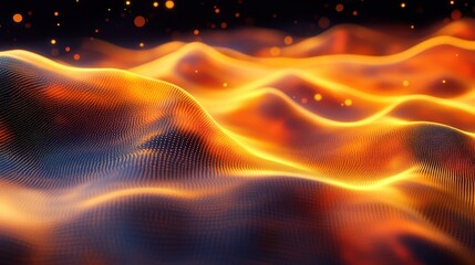 Fototapeta premium Abstract Digital Landscape with Vibrant Orange and Yellow Waves in a Futuristic Style with Glowing Particles