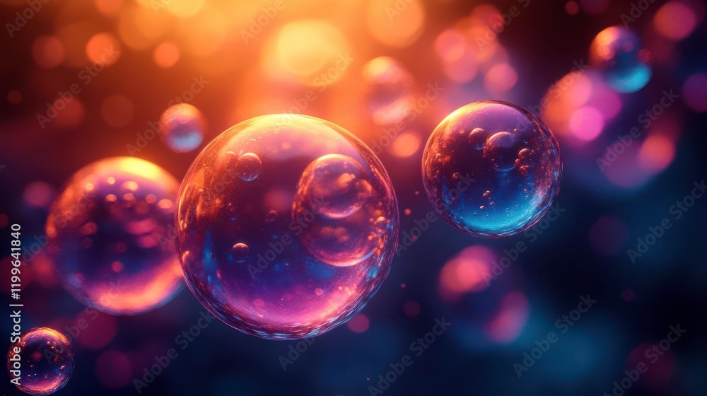 Poster colorful, glowing bubbles float against a dark backdrop, creating a mesmerizing abstract effect with