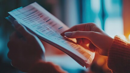 Woman Carefully Reviews Important Documents At Home