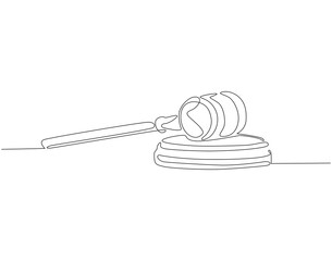 Continuous one line drawing of judge's gavel. One line drawing illustration of judge's hammer on the block. Lawyer, justice, court concept single line. Editable outline