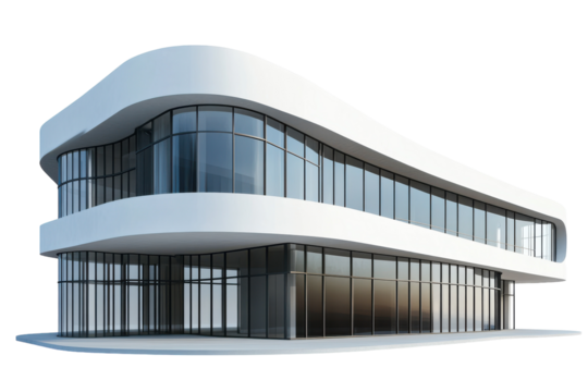 Modern architectural design of a sleek commercial building with expansive glass facade in a contemporary urban setting