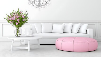 Pink Ottoman  White Sofa  Flowers  Modern Interior Design