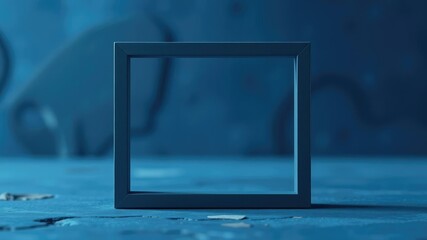 A square shape with straight edges is placed on top of a blurred blue background, modern art, flat shape, composition