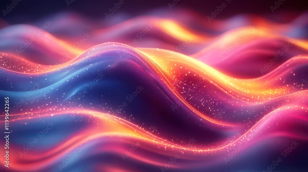 Poster a vibrant, abstract wave pattern with glowing colors, creating a sense of depth and motion in a dyna