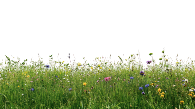 A vibrant field of wildflowers swaying gently in the breeze, surrounded by lush green grass under a bright blue sky.