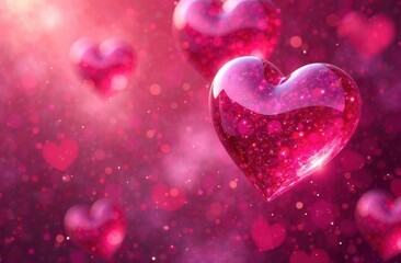 Obraz premium Abstract background with 3D hearts and bokeh, pink toning.