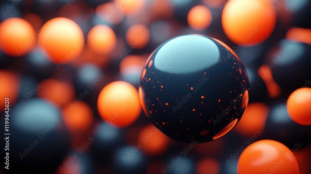 Poster a close-up view of colorful spheres in black and orange, creating a visually striking abstract compo