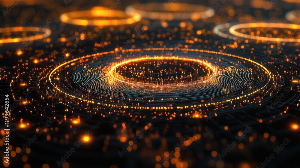 Poster abstract digital landscape with glowing circular patterns and vibrant light effects in a futuristic 