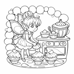 A fairy in a tiny kitchen making cupcakes, coloring page vector