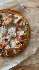 pizza with cheese and mushrooms on a board on a paper 