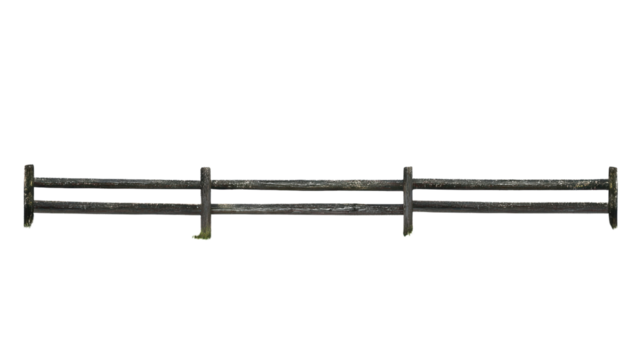 A rustic wooden fence with weathered details, ideal for backgrounds, nature themes, or farm settings, against a clean white backdrop.