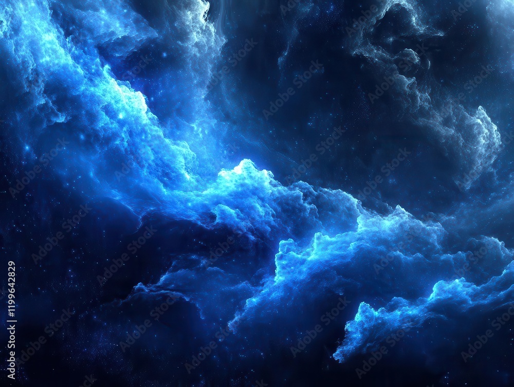 Poster futuristic digital cloud network visualization, glowing blue data streams flowing through ethereal c