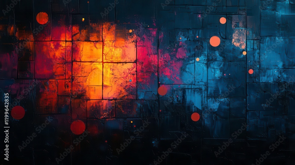Poster a vibrant abstract artwork featuring bold colors, including orange, blue, and circular patterns, cre