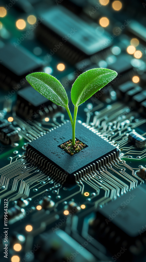 Fototapete small green plant with two leaves growing from a microchip on a computer circuit board promoting gre
