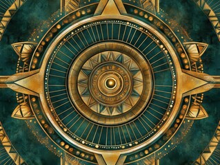 Fototapeta premium geometric mandala-inspired digital artwork with intricate patterns in jewel tones, sacred geometry forms radiating from center, metallic accents