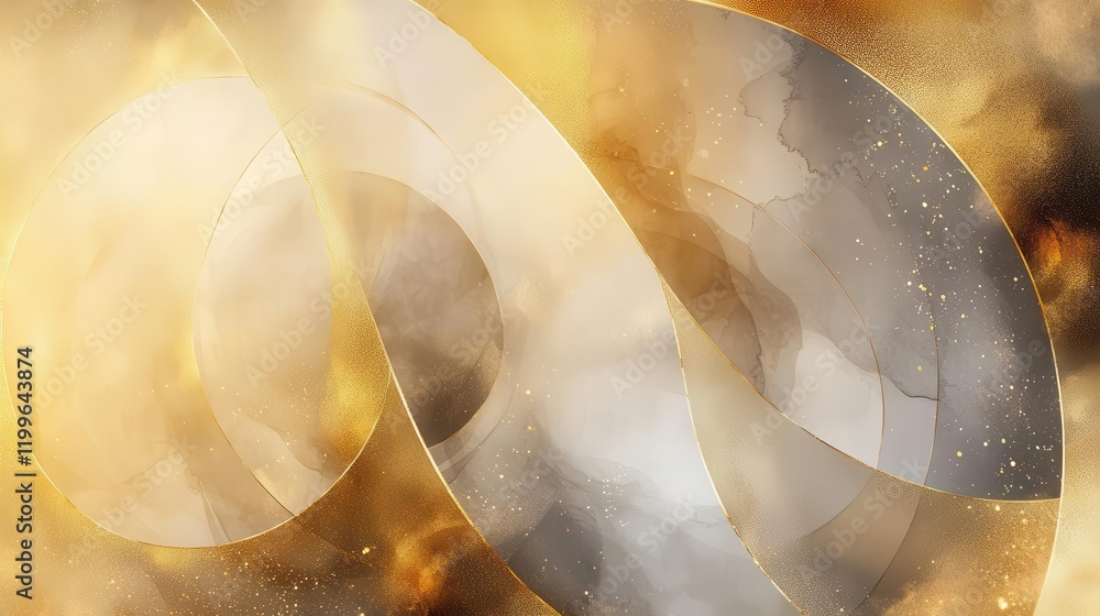 Poster a mesmerizing abstract composition featuring swirling golden circles dissolving into watercolor wash