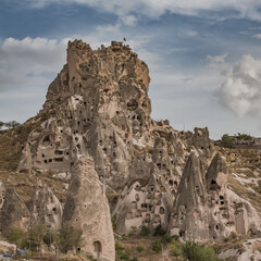Uchisar natural rock castle and town in Cappadocia, Central Anatolia, Turkey.