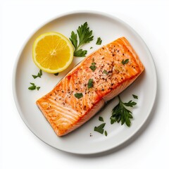 baked salmon on plate flat lay isolated on background